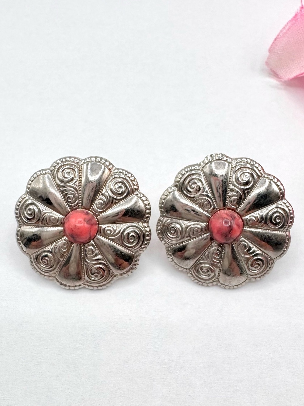 Vintage Concho Stud Earrings Silver Tone Southwestern Cowgirl Rodeo Western